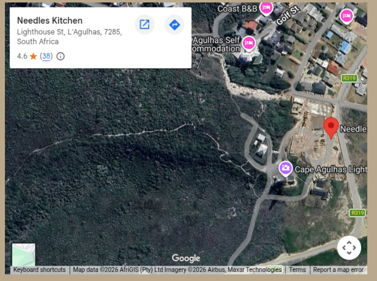 Map showing Needles Kitchen location on Lighthouse St, L'Agulhas